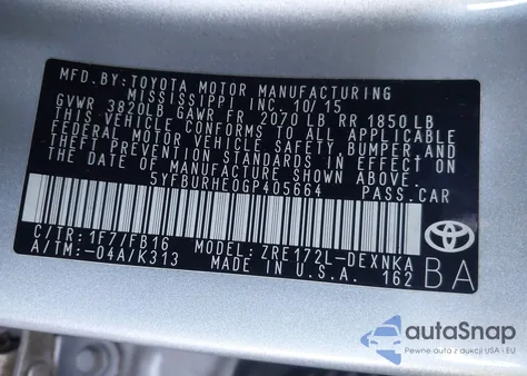 2016 Toyota Corolla Le Plus z USA, uszkodzony, nr VIN 5YFBURHE0GP405664